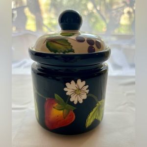 Jay import company, small canister w/ strawberry design.